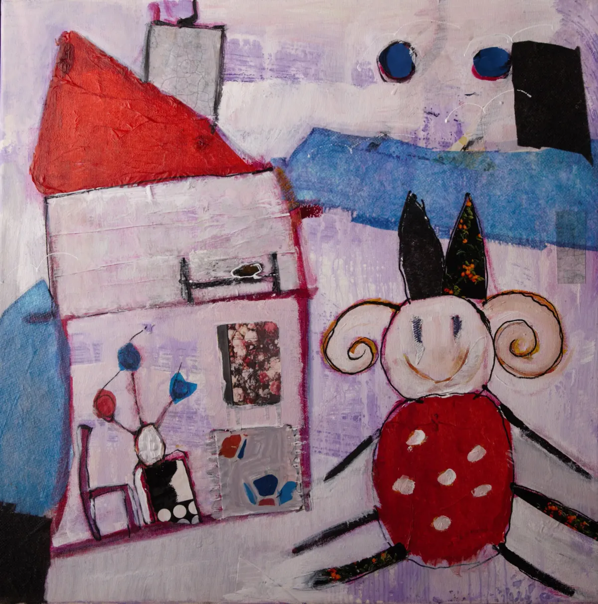 Schilderij naar kindertekening van huisje met figuur