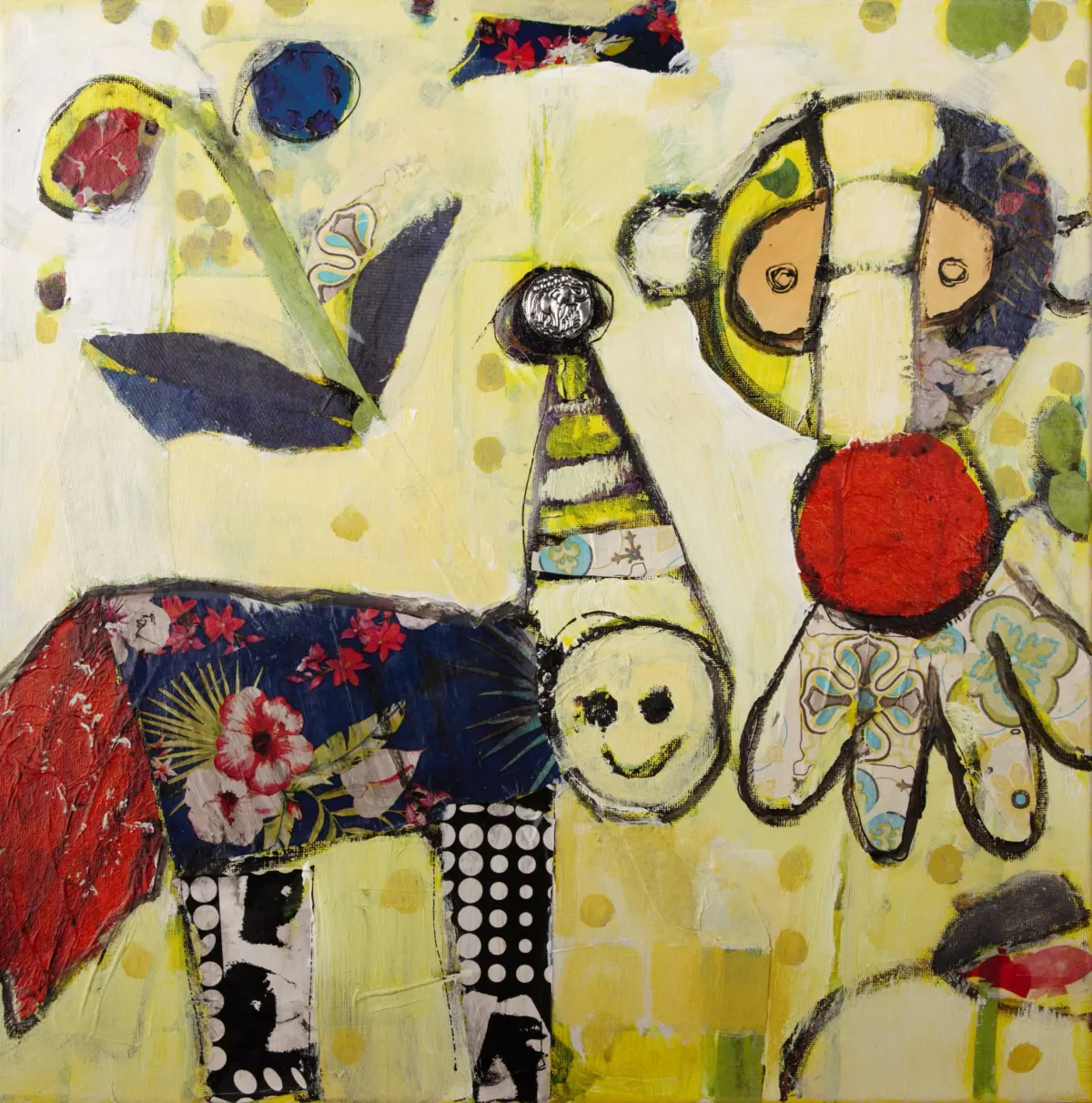 Schilderij naar kindertekening met figuren en zon